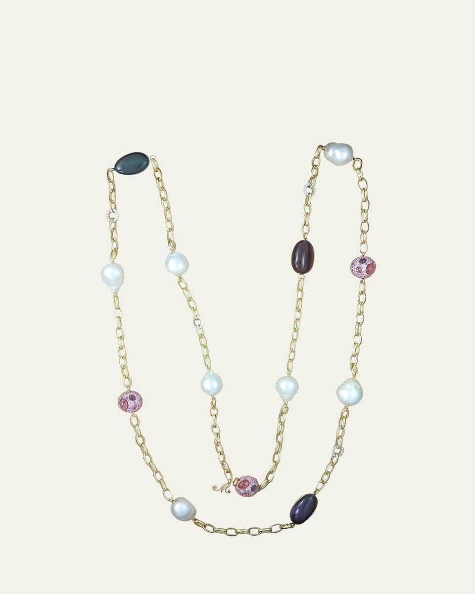 18K White Gold 7 South Sea Pearl Link Necklace with Amethyst, Blue Topaz and Purple Cookies, 50"L